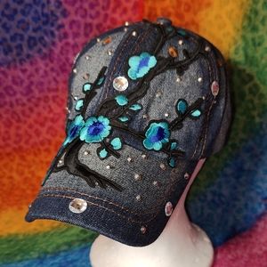 *SILVERSTONE Denim Floral Embroidered and Rhinestones Ball Cap